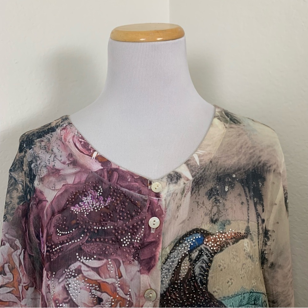 Schiffhauer Munich Cardigan Sweater Floral Semi Sheer Jeweled Womens L Art - Picture 6 of 17